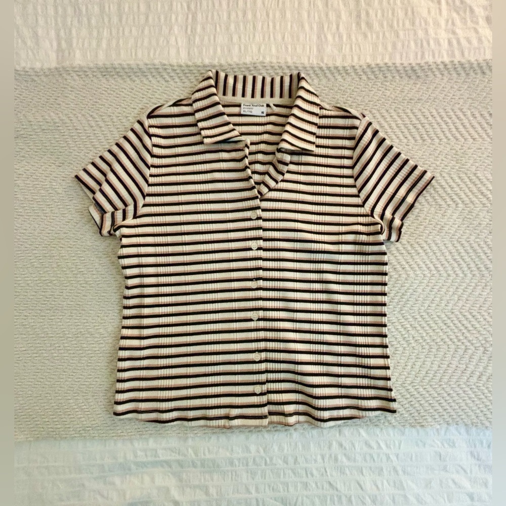 Polo/collared pink, white, and black tshirt Frank and Oak